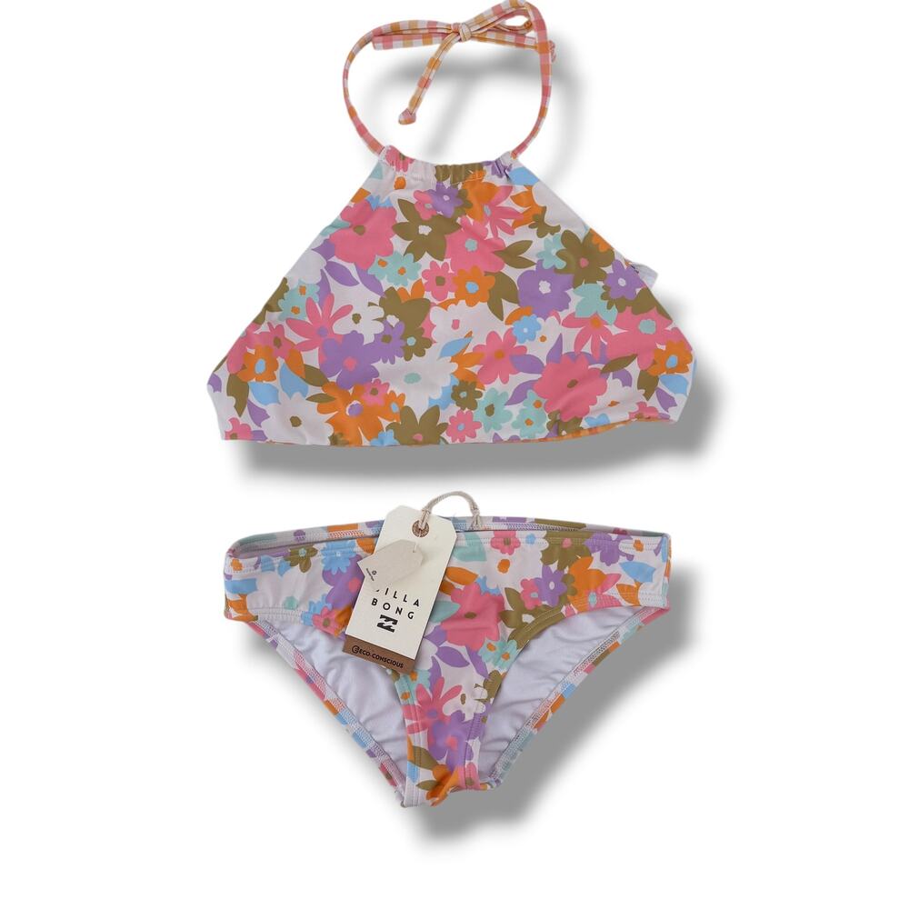 Billabong Kissed By The Sun Rev High Neck 2Pc Bikini Set Girls Sz 10 Mod Floral